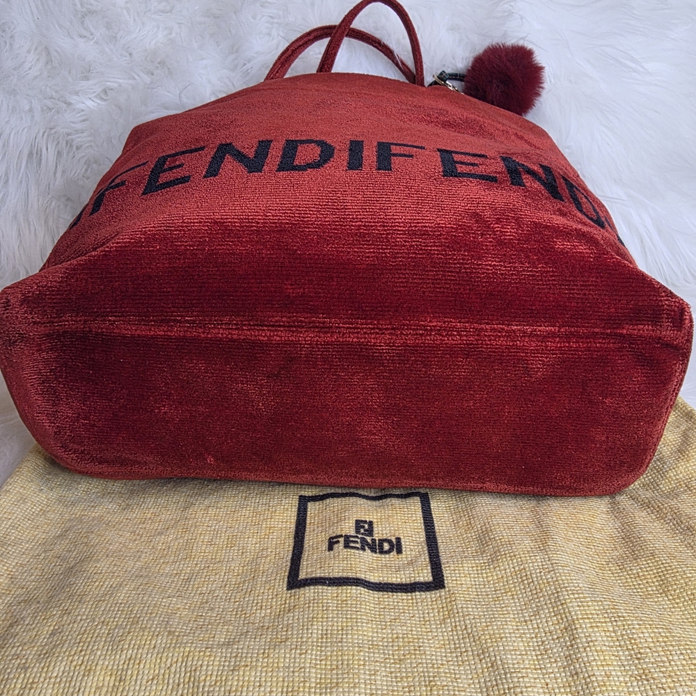 Fendi Red Velvet Tote Bag With Fendi Script, Fendi Dustbag, &Unbranded Bag Charm - Picture 9 of 14